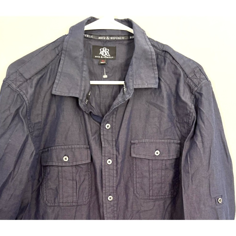 Rock & Republic Shirt Mens XL Blue Long Sleeve Button Down Double Pocket Casual